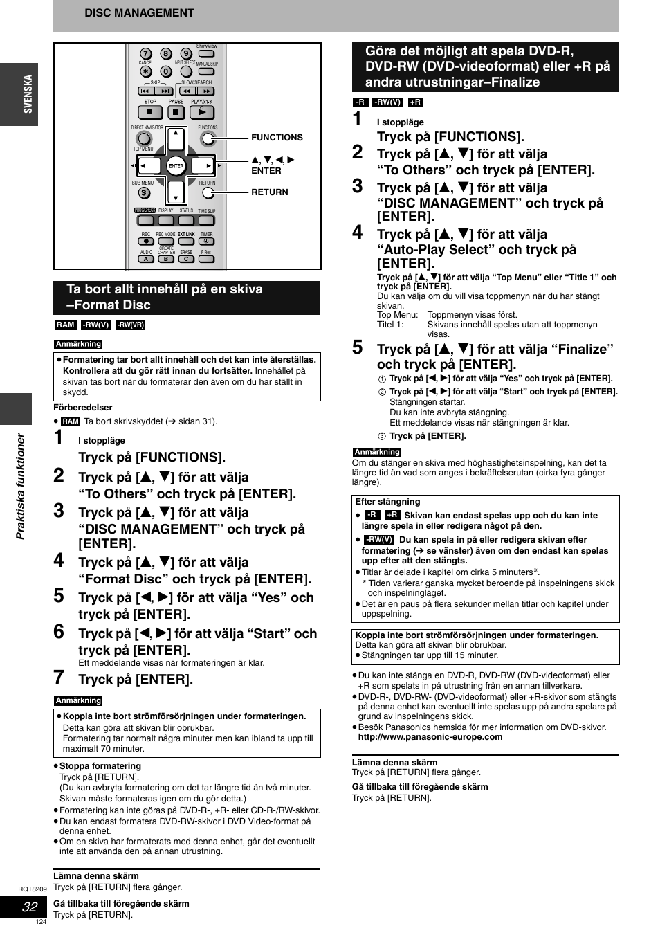 Tryck på [functions, Tryck på [enter, Ta bort allt innehåll på en skiva –format disc | Panasonic DMRES20 User Manual | Page 124 / 156