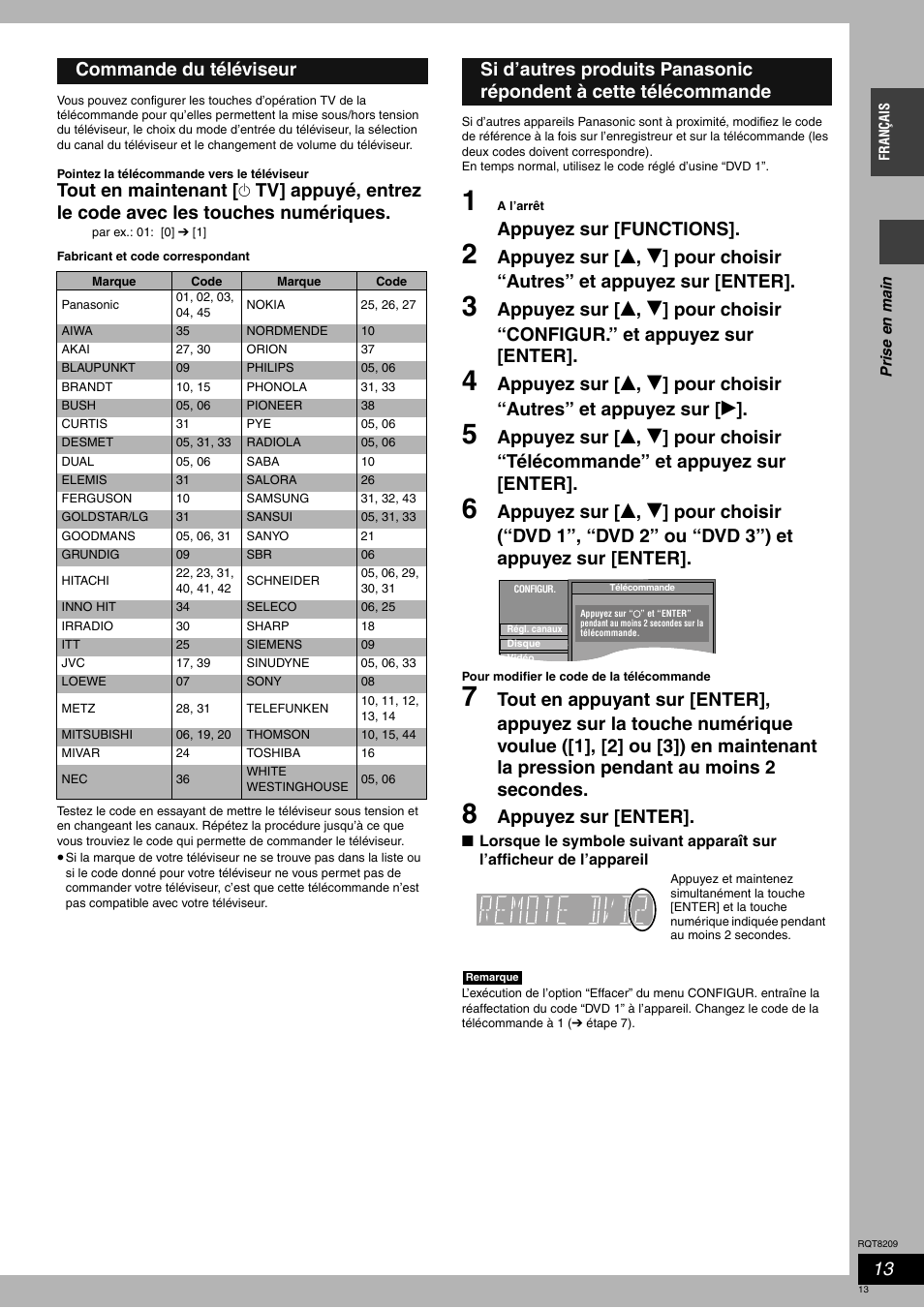 Appuyez sur [functions, Appuyez sur [enter, Commande du téléviseur | Panasonic DMRES20 User Manual | Page 13 / 156