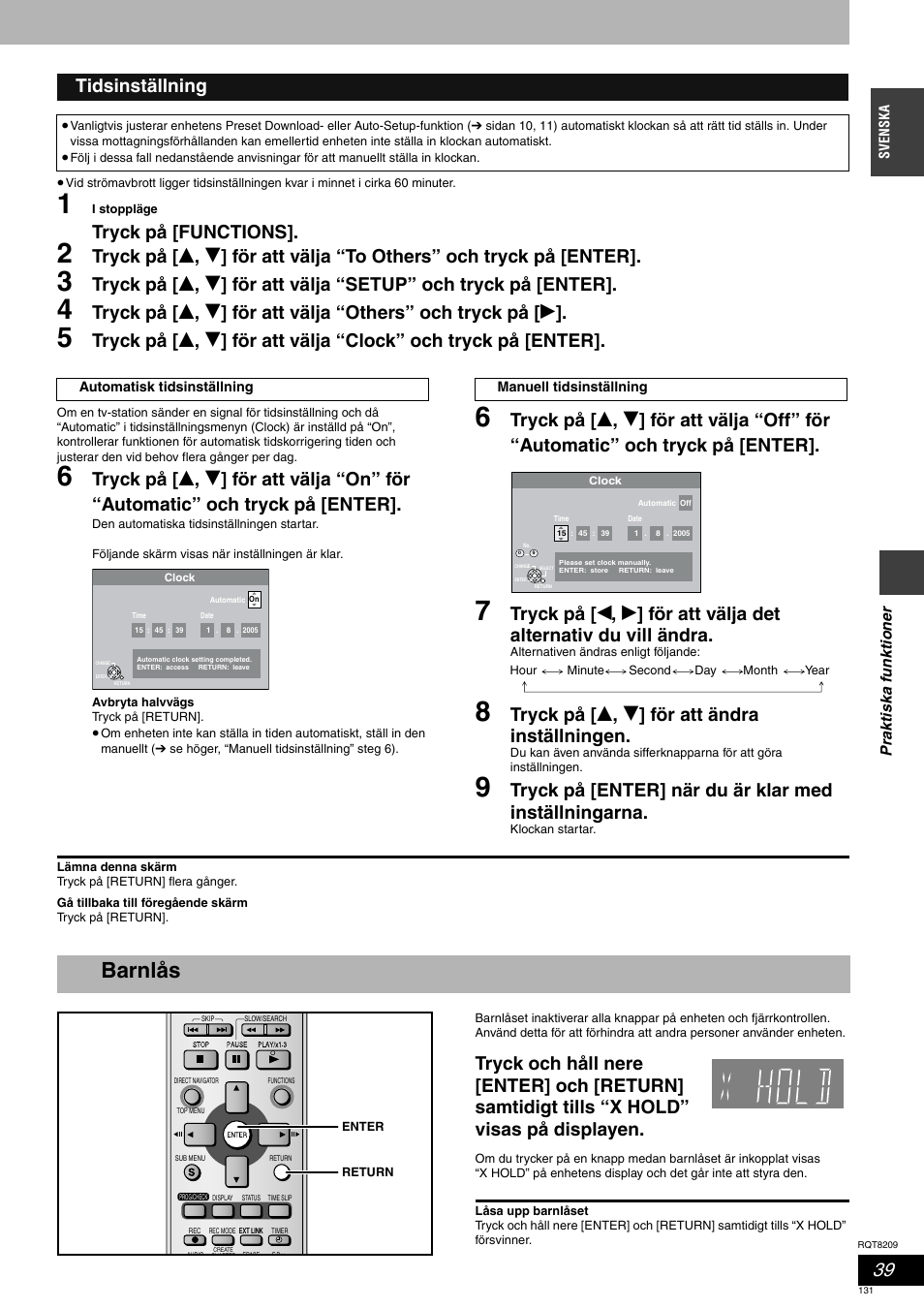 Barnlås, Tryck på [functions, Tryck på [ e , r ] för att ändra inställningen | Tidsinställning | Panasonic DMRES20 User Manual | Page 131 / 156