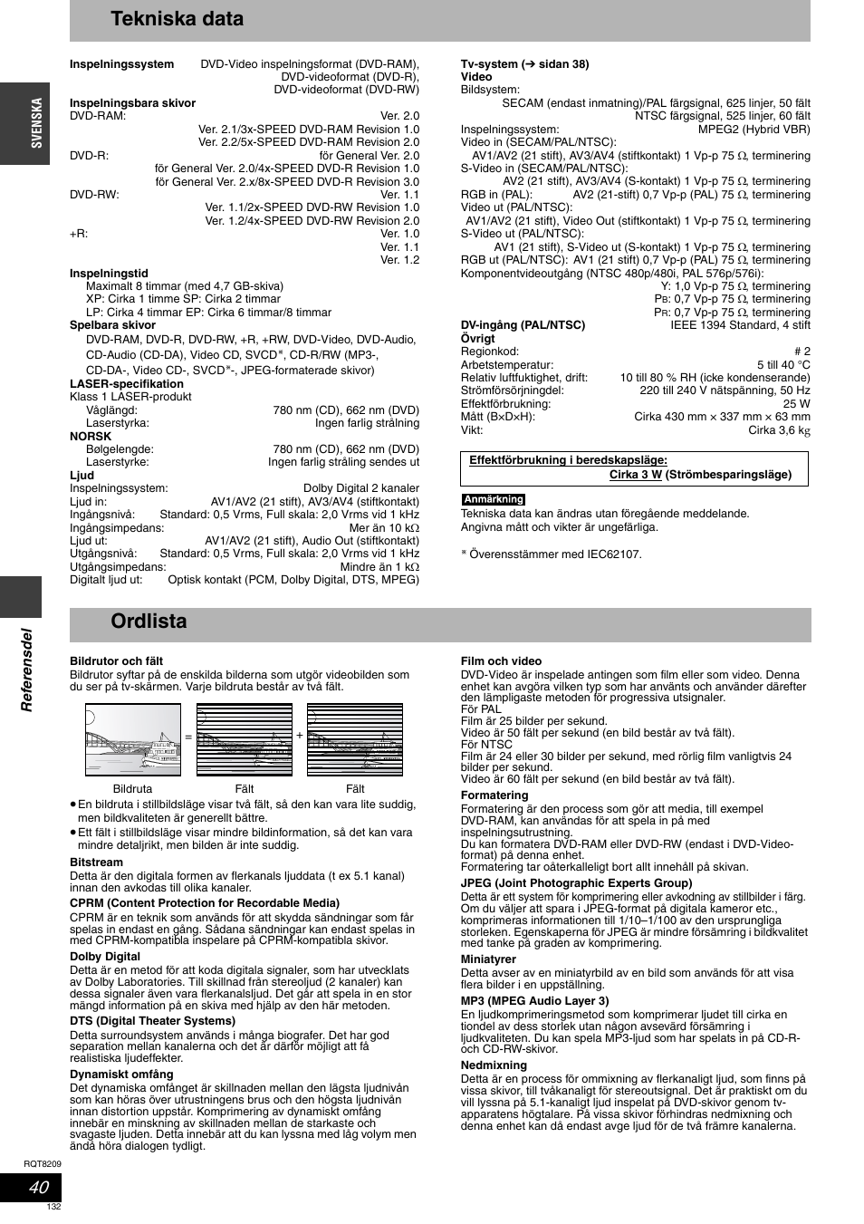 Tekniska data, Ordlista | Panasonic DMRES20 User Manual | Page 132 / 156