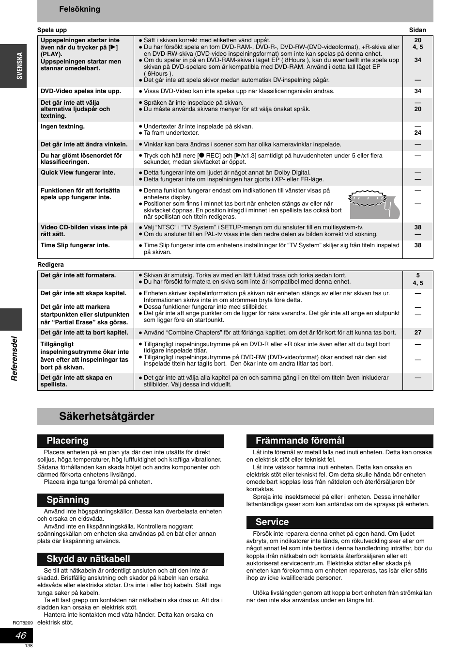 Säkerhetsåtgärder | Panasonic DMRES20 User Manual | Page 138 / 156