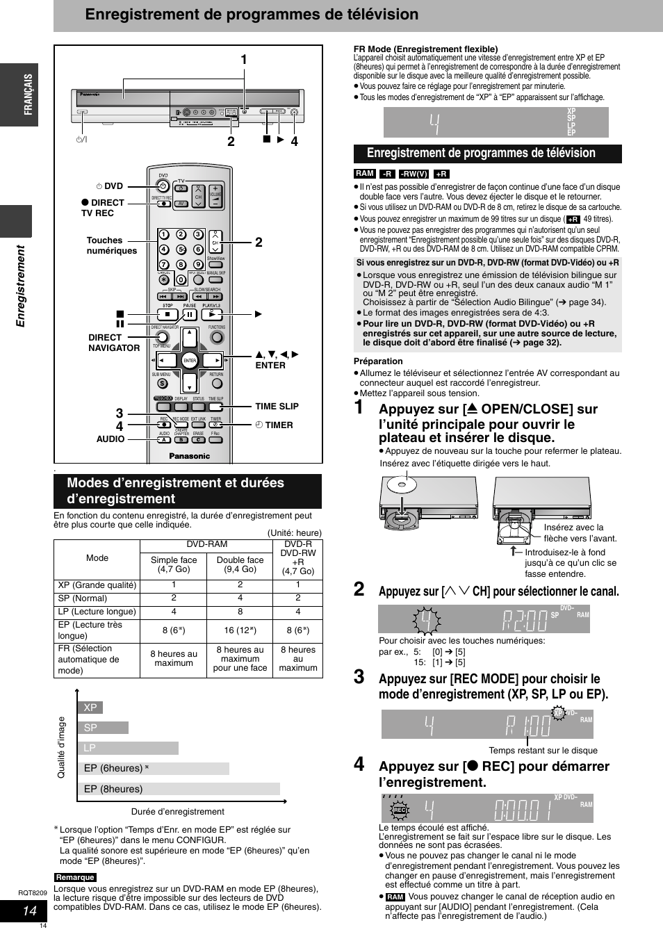 Enregistrement de programmes de télévision, Appuyez sur [ 1 2 ch] pour sélectionner le canal, Modes d’enregistrement et durées d’enregistrement | Panasonic DMRES20 User Manual | Page 14 / 156