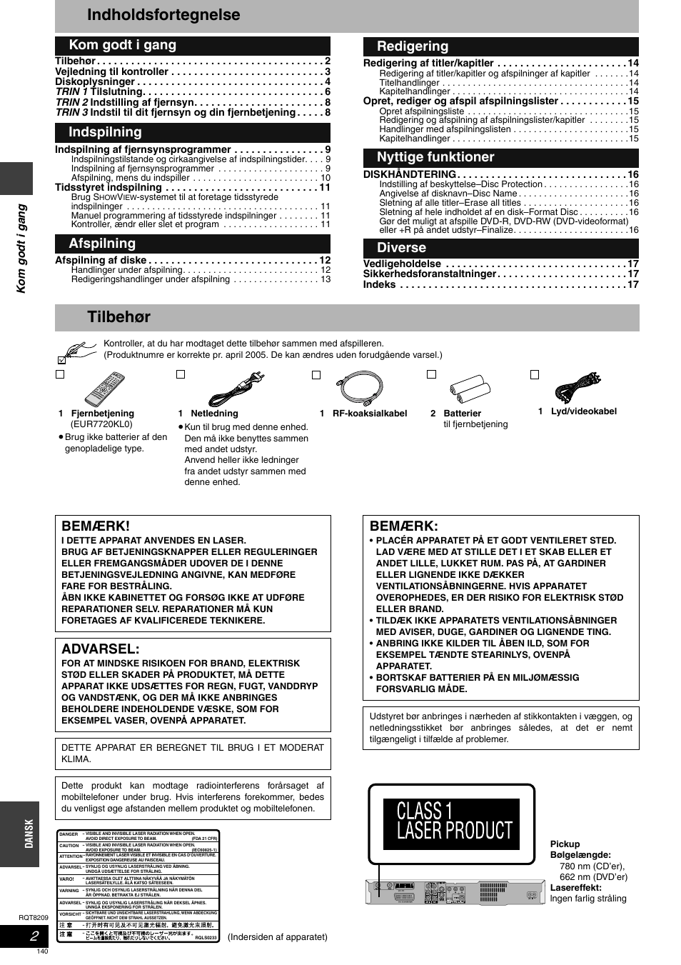 Indholdsfortegnelse, Tilbehør, Bemærk | Advarsel | Panasonic DMRES20 User Manual | Page 140 / 156