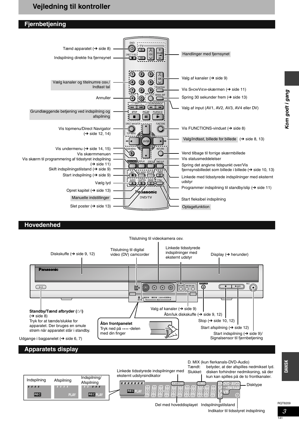 Vejledning til kontroller, Fjernbetjening, Hovedenhed | Apparatets display, Kom godt i ga ng | Panasonic DMRES20 User Manual | Page 141 / 156