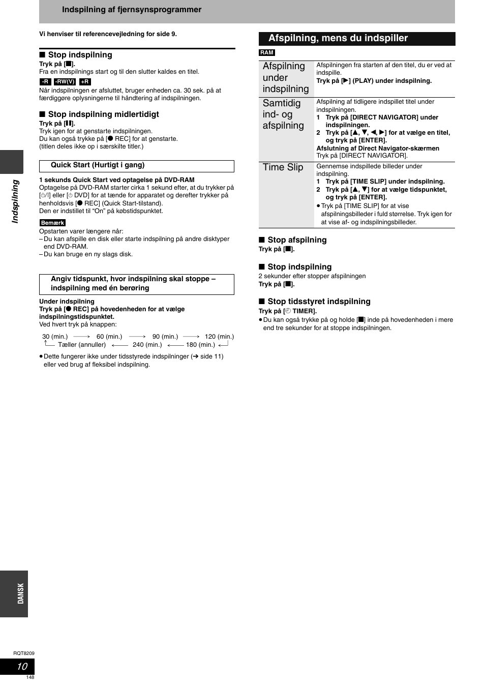 Samtidig ind- og afspilning, Time slip | Panasonic DMRES20 User Manual | Page 148 / 156