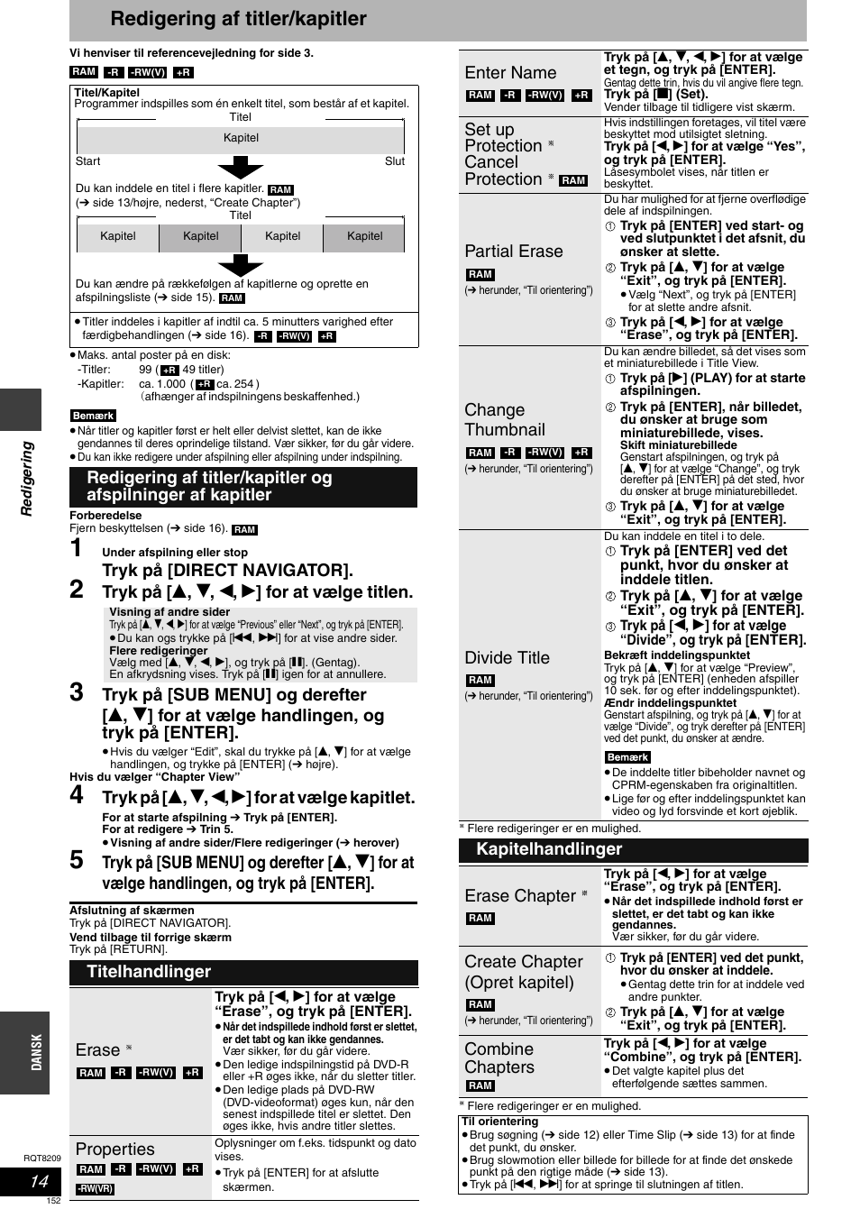 Redigering af titler/kapitler, Tryk på [direct navigator, Tryk på [ e , r , w , q ] for at vælge titlen | Tryk på [ e , r , w , q ] for at vælge kapitlet, Titelhandlinger erase, Properties, Enter name, Set up protection cancel protection, Partial erase, Change thumbnail | Panasonic DMRES20 User Manual | Page 152 / 156