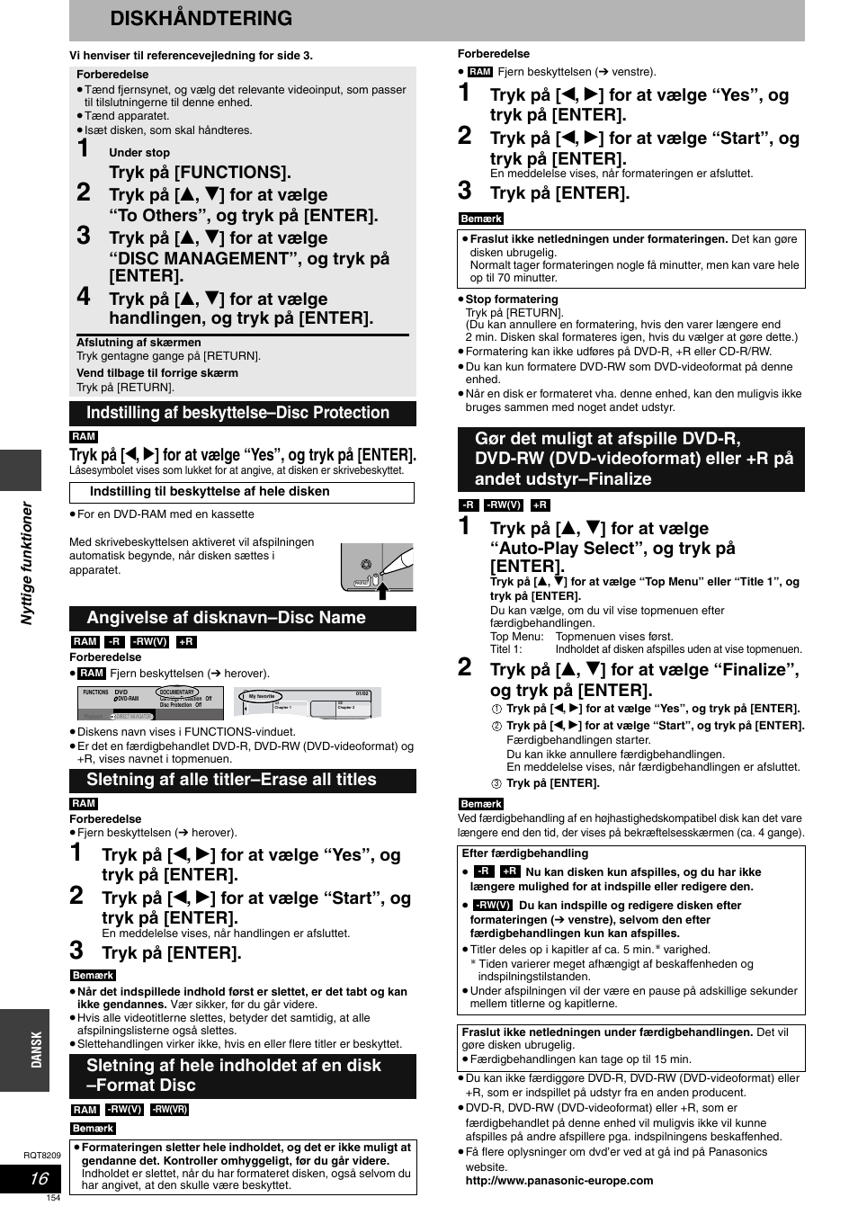 Diskhåndtering, Tryk på [enter, Tryk på [functions | Indstilling af beskyttelse–disc protection | Panasonic DMRES20 User Manual | Page 154 / 156