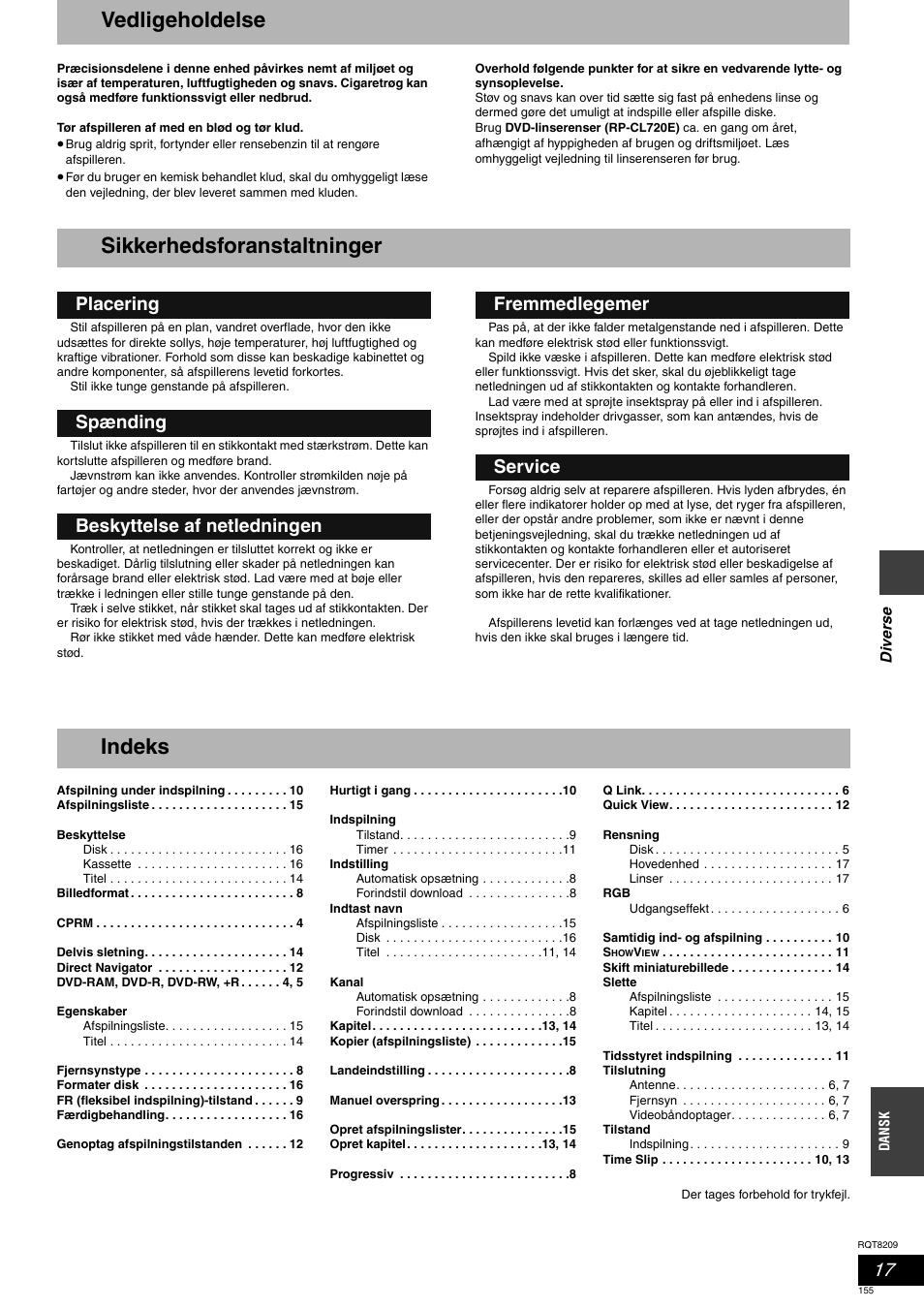 Vedligeholdelse, Sikkerhedsforanstaltninger, Indeks | Panasonic DMRES20 User Manual | Page 155 / 156