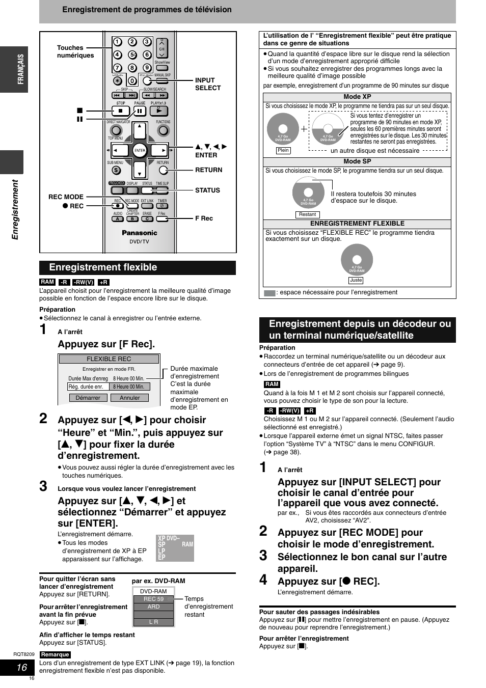 Appuyez sur [f rec, Sélectionnez le bon canal sur l’autre appareil, Appuyez sur [ * rec | Enregistrement flexible | Panasonic DMRES20 User Manual | Page 16 / 156