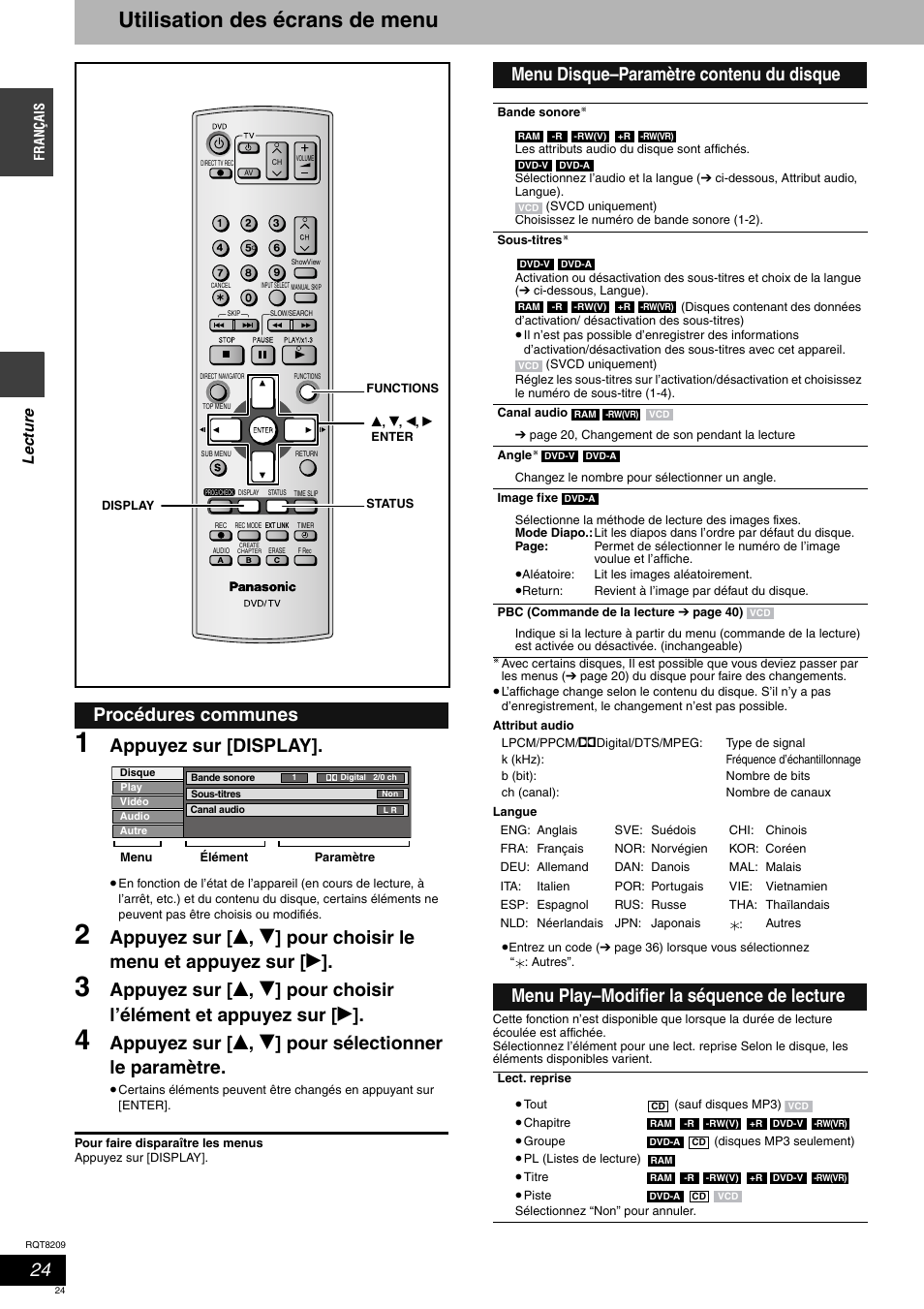 Utilisation des écrans de menu, Appuyez sur [display, Procédures communes | Menu disque–paramètre contenu du disque, Menu play–modifier la séquence de lecture | Panasonic DMRES20 User Manual | Page 24 / 156