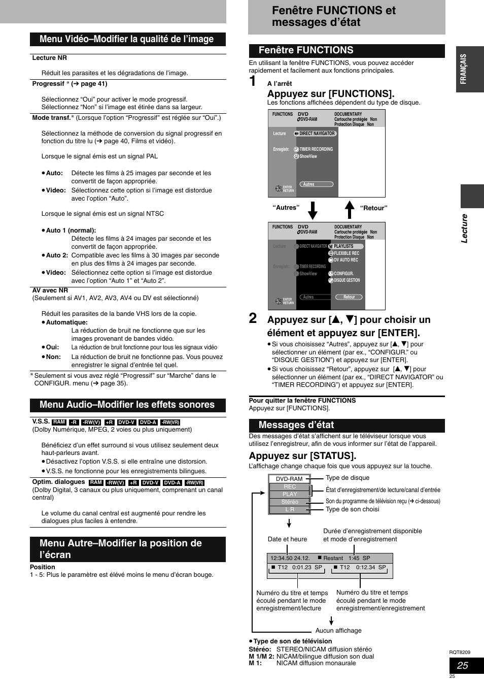 Fenêtre functions et messages d’état, Appuyez sur [functions, Appuyez sur [status | Menu vidéo–modifier la qualité de l’image, Menu audio–modifier les effets sonores, Menu autre–modifier la position de l’écran, Fenêtre functions messages d’état | Panasonic DMRES20 User Manual | Page 25 / 156