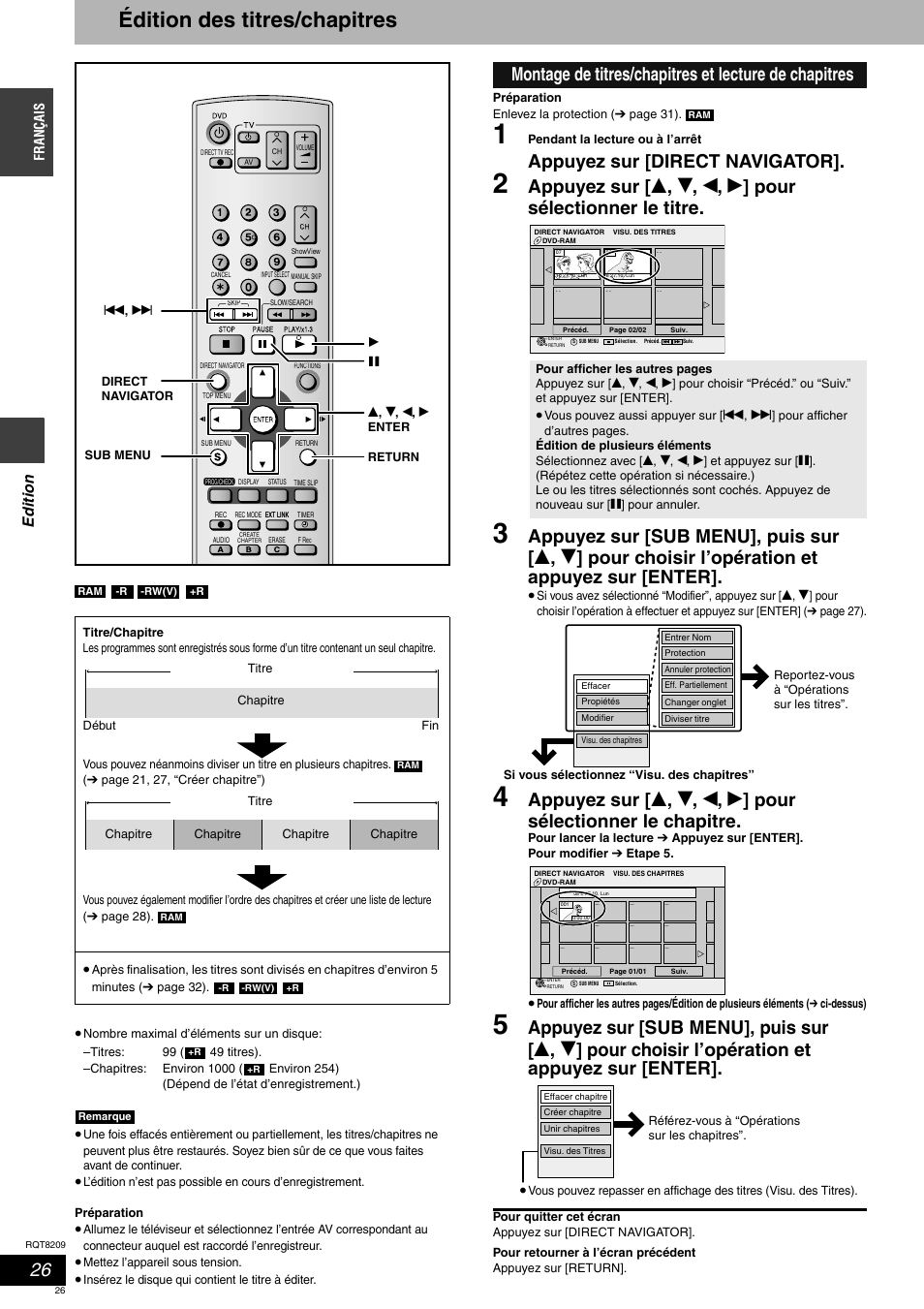 Édition des titres/chapitres, Appuyez sur [direct navigator, Ed it io n | Panasonic DMRES20 User Manual | Page 26 / 156