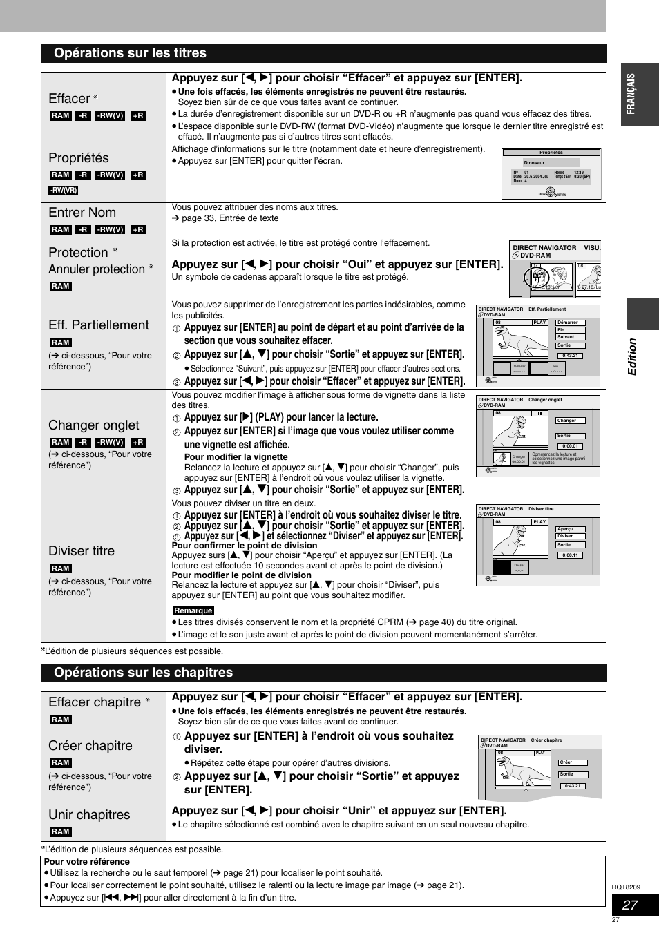 Opérations sur les titres effacer, Propriétés, Entrer nom | Protection annuler protection, Eff. partiellement, Changer onglet, Diviser titre, Opérations sur les chapitres effacer chapitre, Créer chapitre, Unir chapitres | Panasonic DMRES20 User Manual | Page 27 / 156