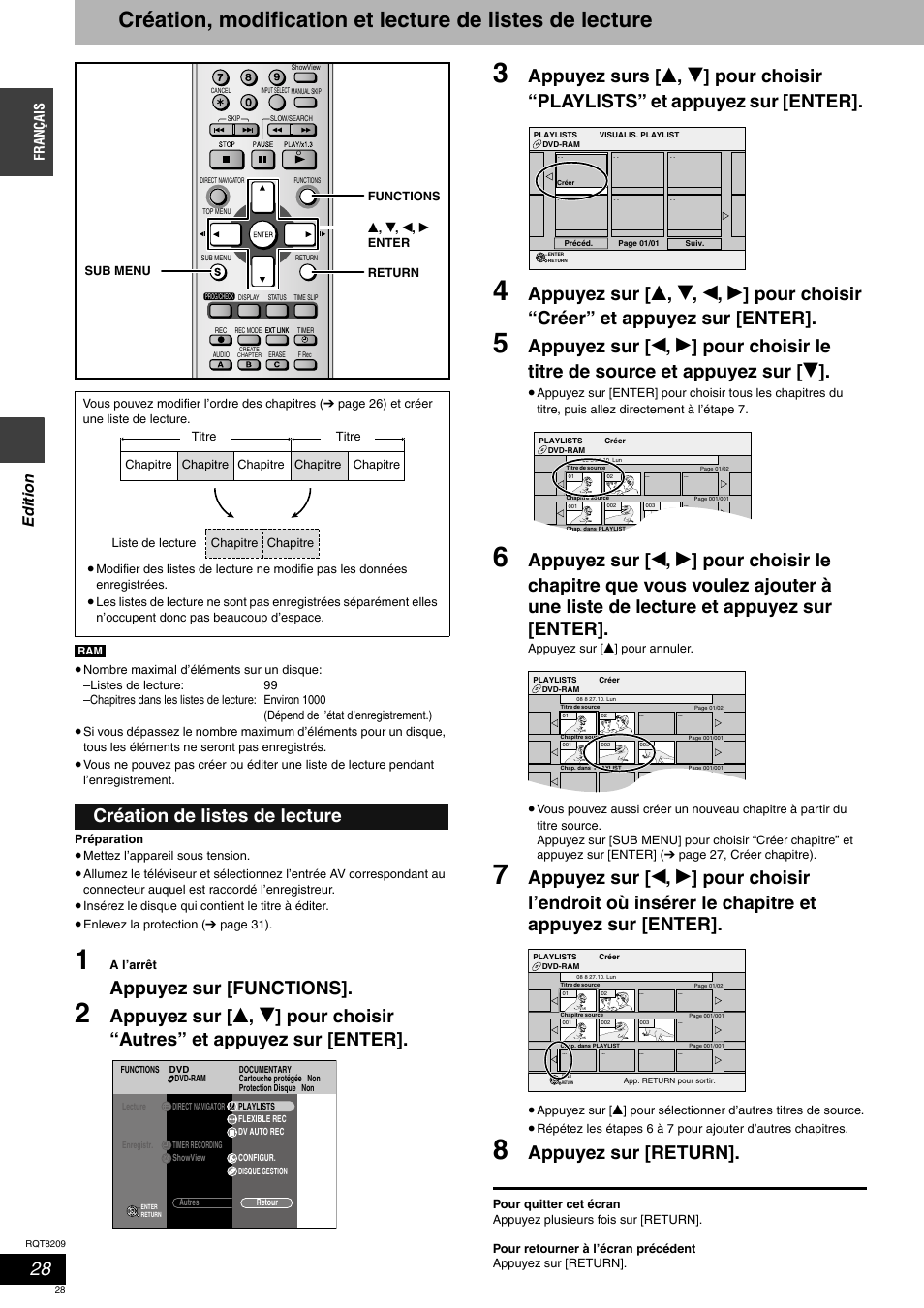 Appuyez sur [functions, Appuyez sur [return, Création de listes de lecture | Ed it io n, França is | Panasonic DMRES20 User Manual | Page 28 / 156