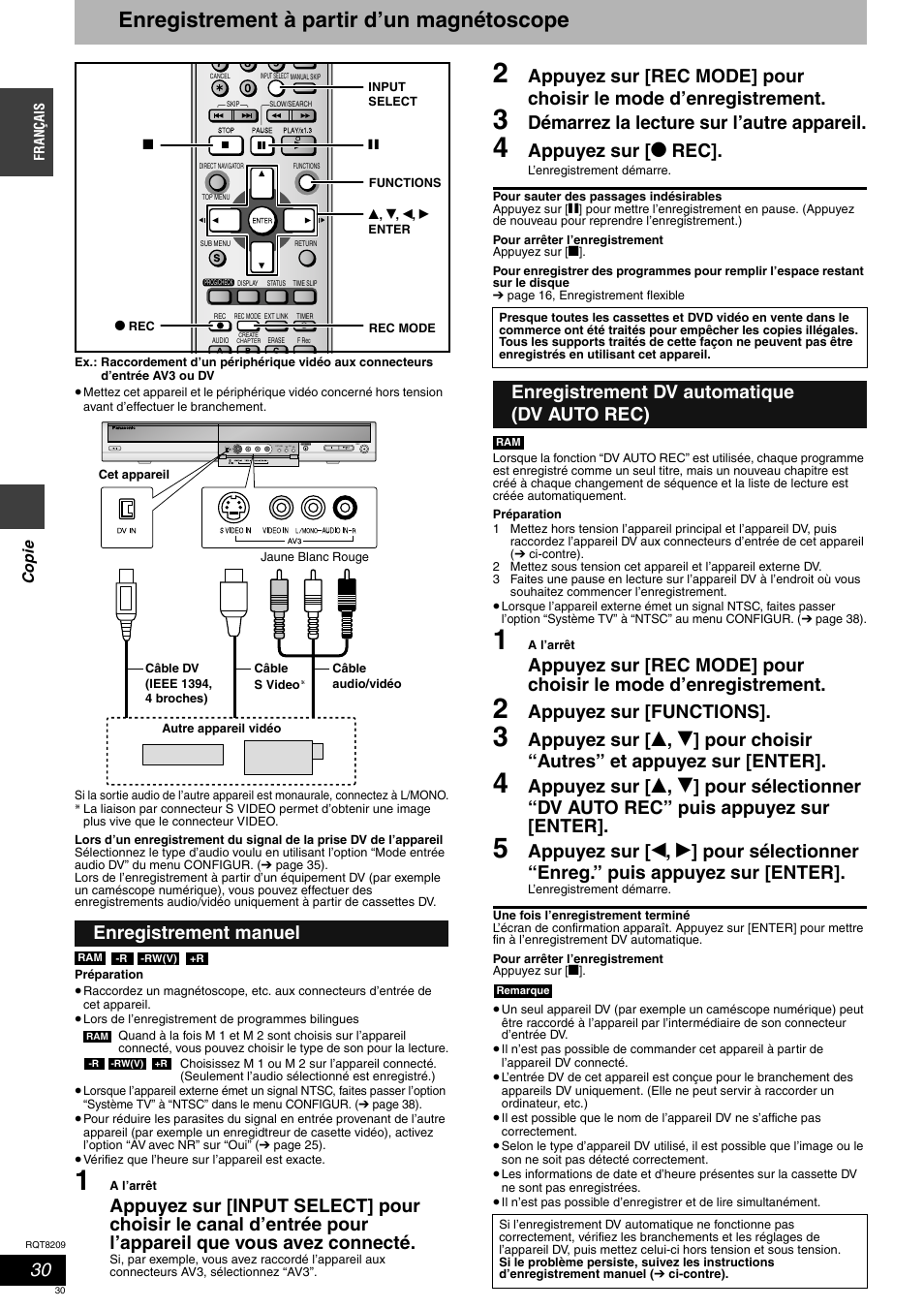 Enregistrement à partir d’un magnétoscope, Démarrez la lecture sur l’autre appareil, Appuyez sur [ * rec | Appuyez sur [functions, Enregistrement manuel, Enregistrement dv automatique (dv auto rec) | Panasonic DMRES20 User Manual | Page 30 / 156