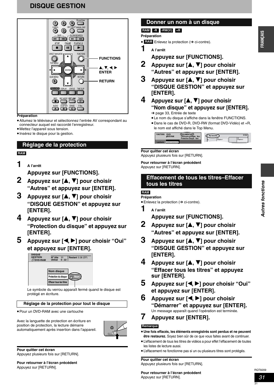 Disque gestion, Appuyez sur [functions, Appuyez sur [enter | Réglage de la protection | Panasonic DMRES20 User Manual | Page 31 / 156