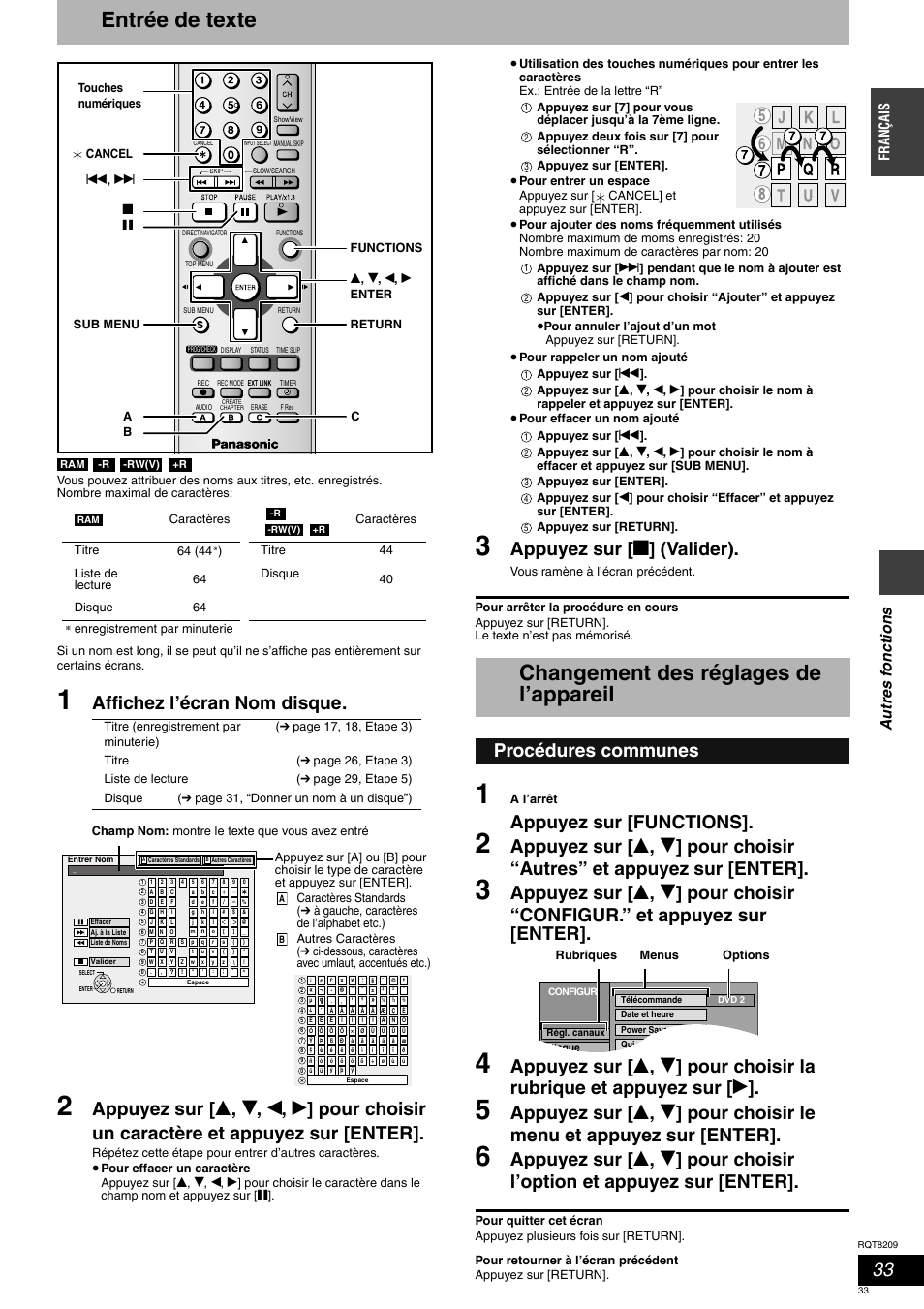 Entrée de texte, Changement des réglages de l’appareil, Affichez l’écran nom disque | Appuyez sur [ g ] (valider), Appuyez sur [functions, Procédures communes, Autr es f onct ions, França is | Panasonic DMRES20 User Manual | Page 33 / 156