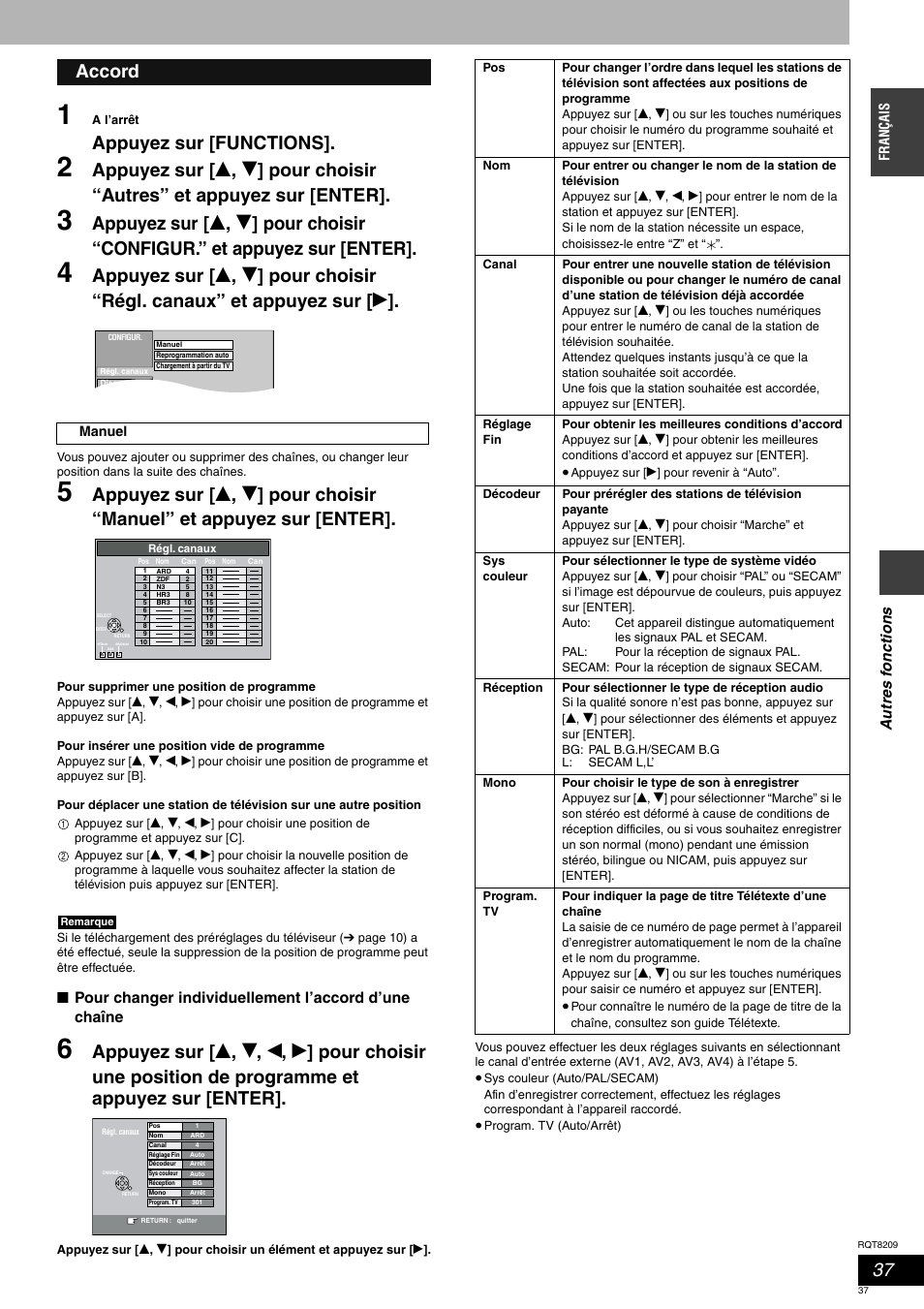 Appuyez sur [functions, Accord, Autr es f onct ions | Panasonic DMRES20 User Manual | Page 37 / 156