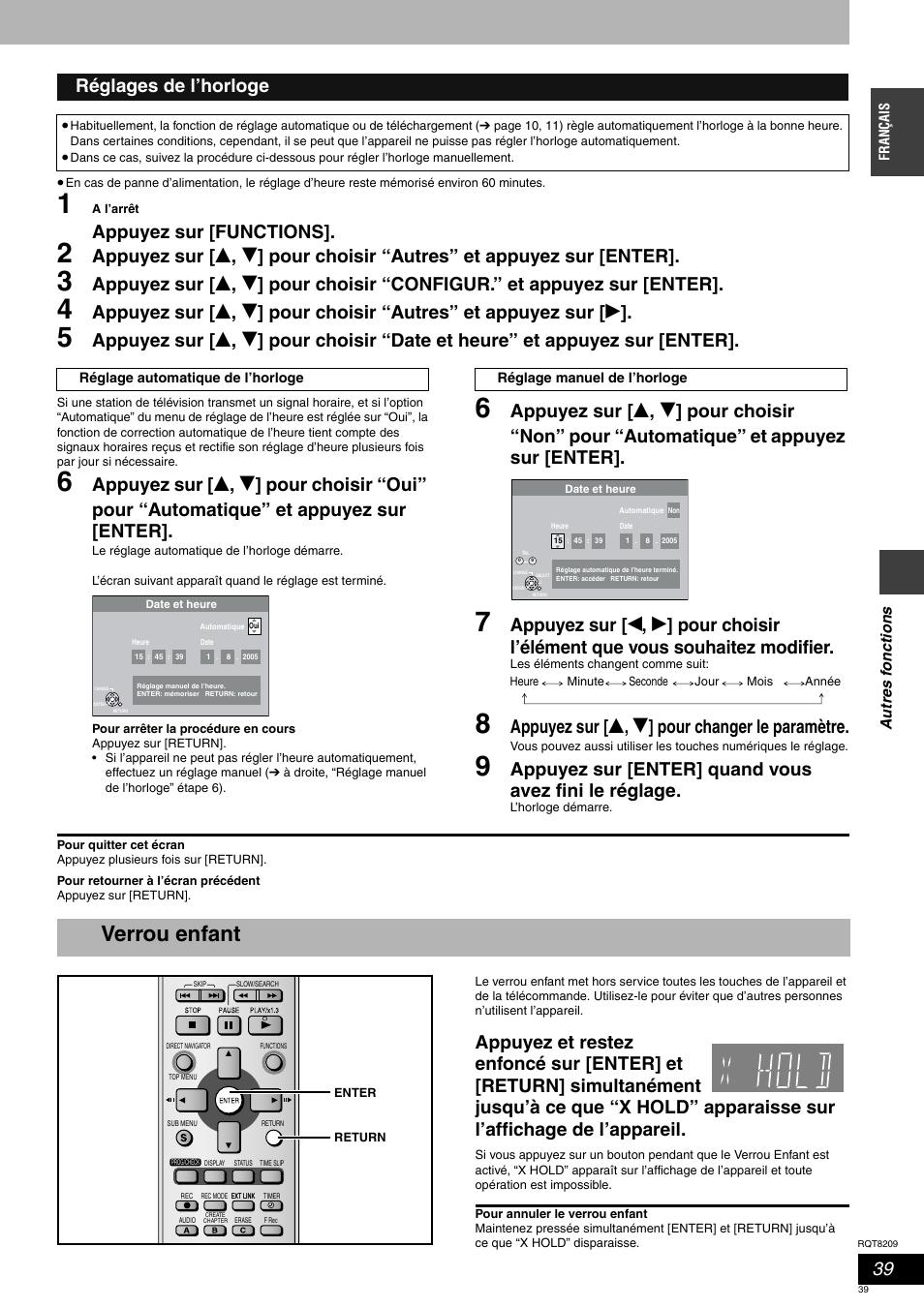 Verrou enfant, Appuyez sur [functions, Appuyez sur [ e , r ] pour changer le paramètre | Réglages de l’horloge | Panasonic DMRES20 User Manual | Page 39 / 156