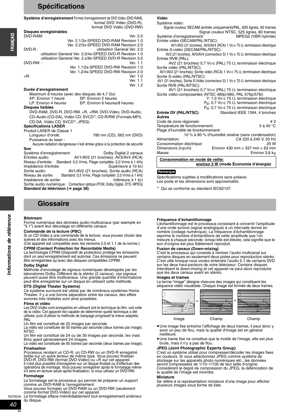 Spécifications, Glossaire | Panasonic DMRES20 User Manual | Page 40 / 156