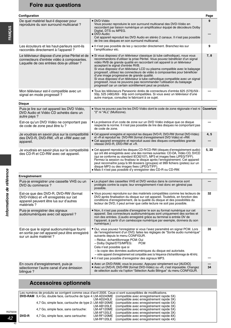 Foire aux questions, Accessoires optionnels | Panasonic DMRES20 User Manual | Page 42 / 156