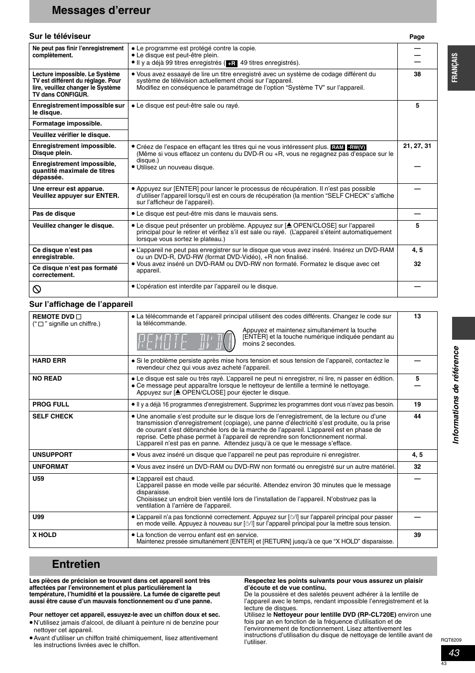Messages d’erreur, Entretien | Panasonic DMRES20 User Manual | Page 43 / 156