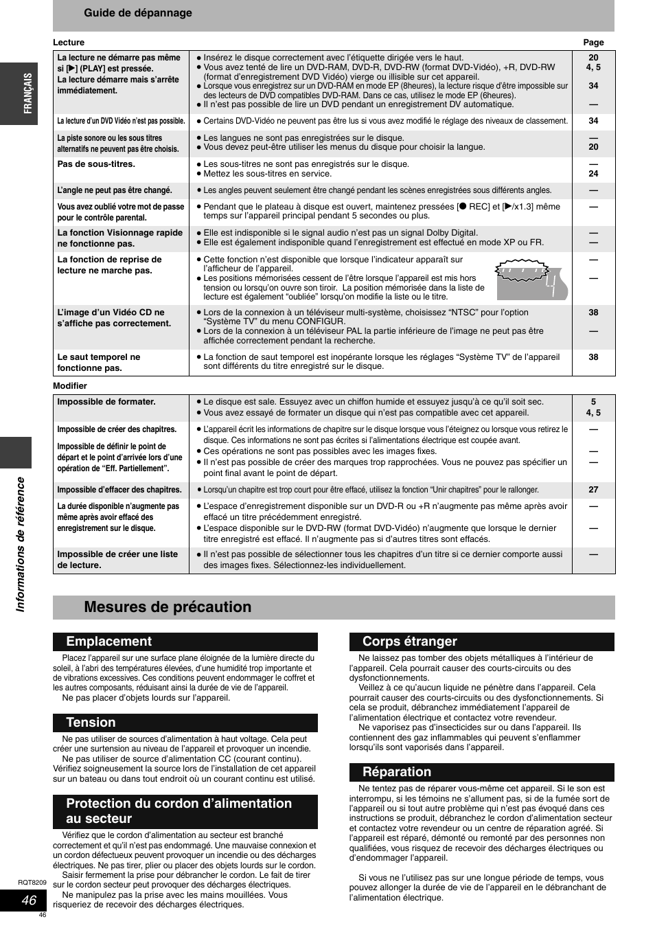 Mesures de précaution | Panasonic DMRES20 User Manual | Page 46 / 156