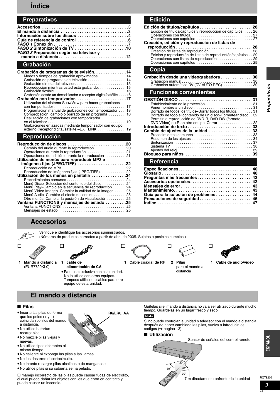 Índice, Accesorios el mando a distancia | Panasonic DMRES20 User Manual | Page 49 / 156