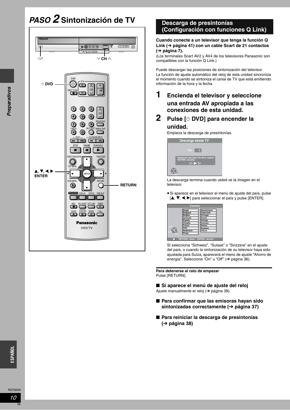 Paso, Sintonización de tv, Pulse [ ^ dvd] para encender la unidad | Prep ar at iv os, Si aparece el menú de ajuste del reloj | Panasonic DMRES20 User Manual | Page 56 / 156