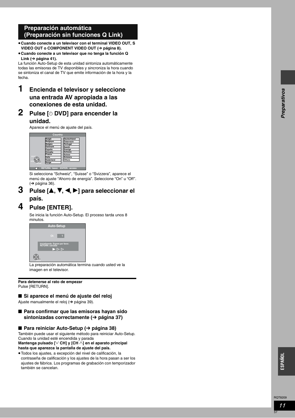 Pulse [ ^ dvd] para encender la unidad, Pulse [ e , r , w , q ] para seleccionar el país, Pulse [enter | Panasonic DMRES20 User Manual | Page 57 / 156