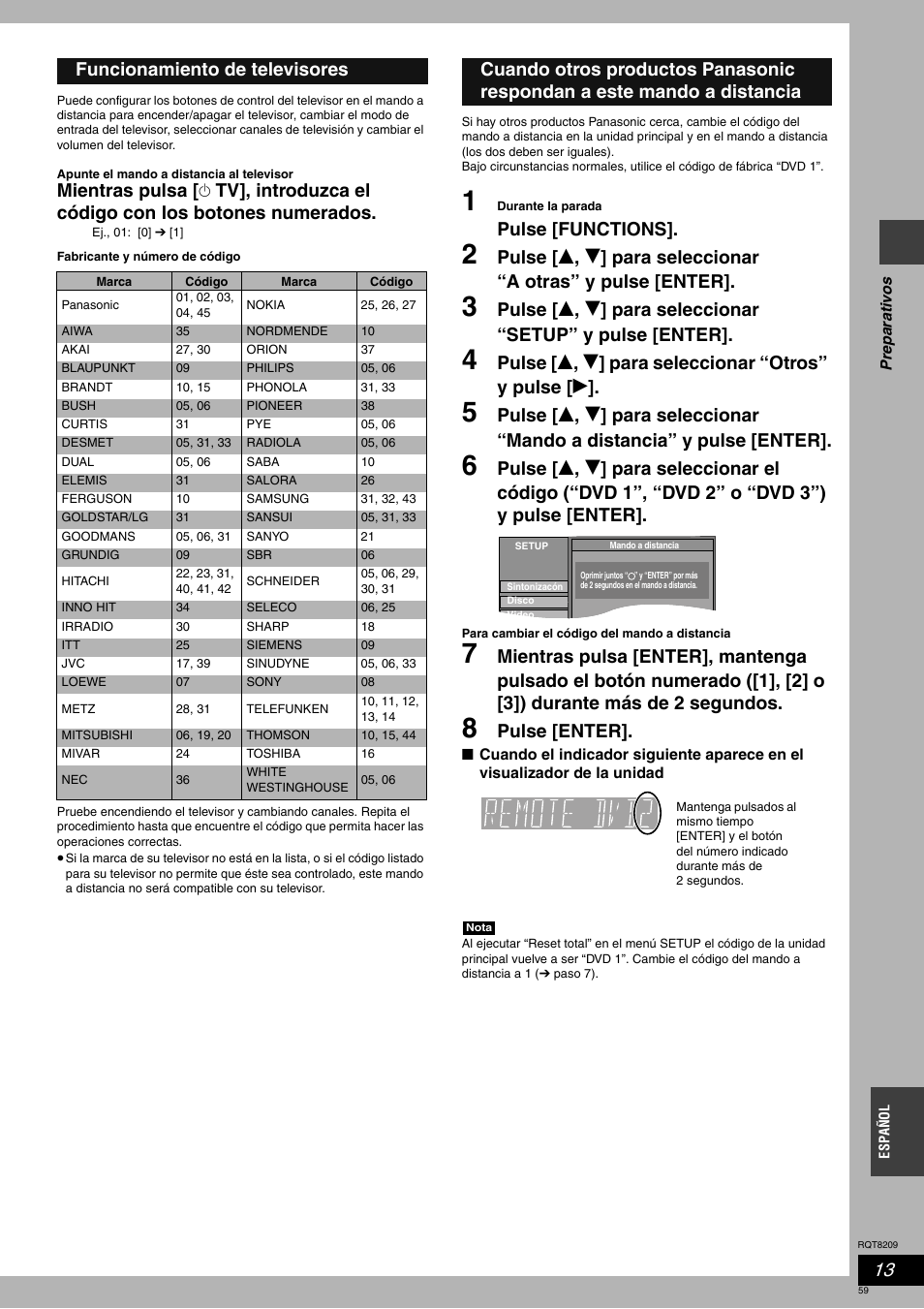 Pulse [functions, Pulse [enter, Funcionamiento de televisores | Panasonic DMRES20 User Manual | Page 59 / 156