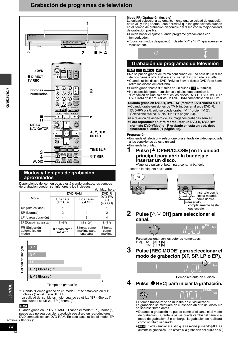 Grabación de programas de televisión, Pulse [ 1 2 ch] para seleccionar el canal, Pulse [ * rec] para iniciar la grabación | Modos y tiempos de grabación aproximados | Panasonic DMRES20 User Manual | Page 60 / 156
