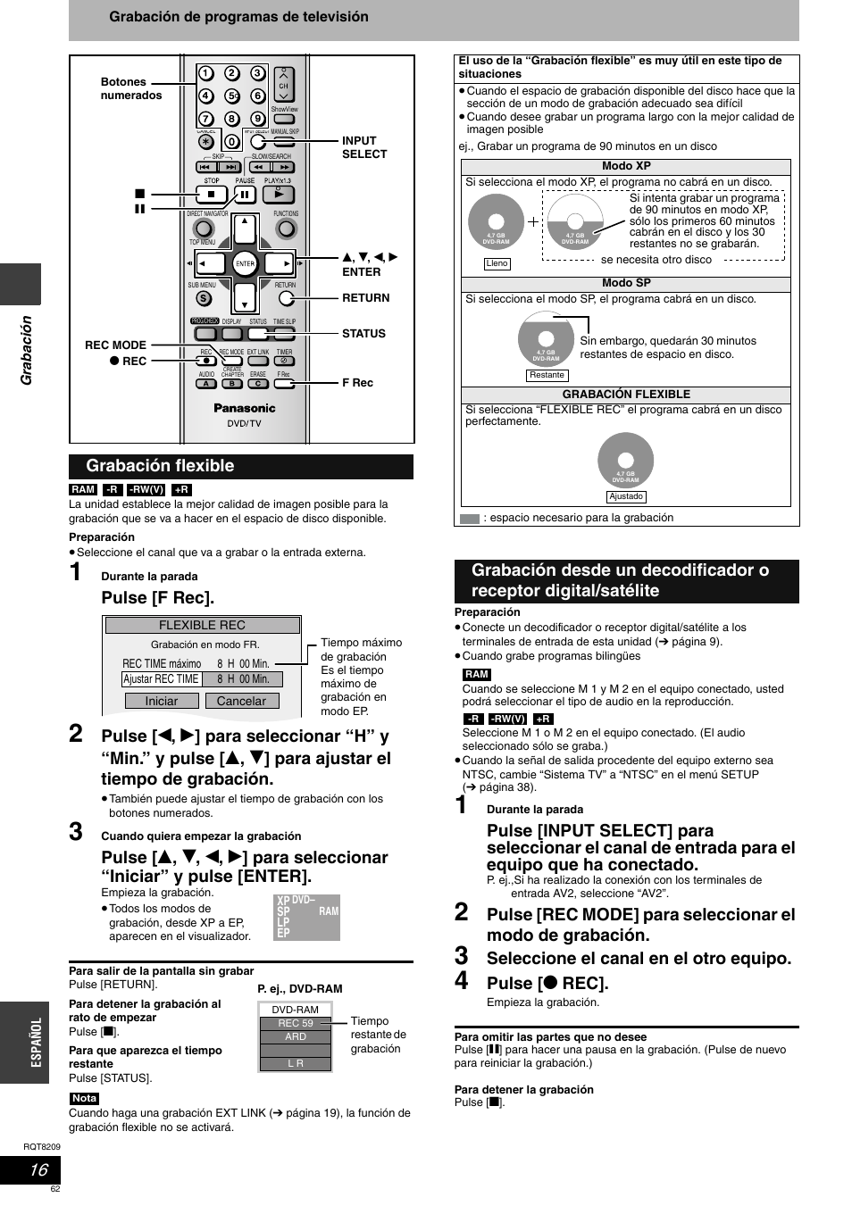 Pulse [f rec, Seleccione el canal en el otro equipo, Pulse [ * rec | Grabación flexible | Panasonic DMRES20 User Manual | Page 62 / 156