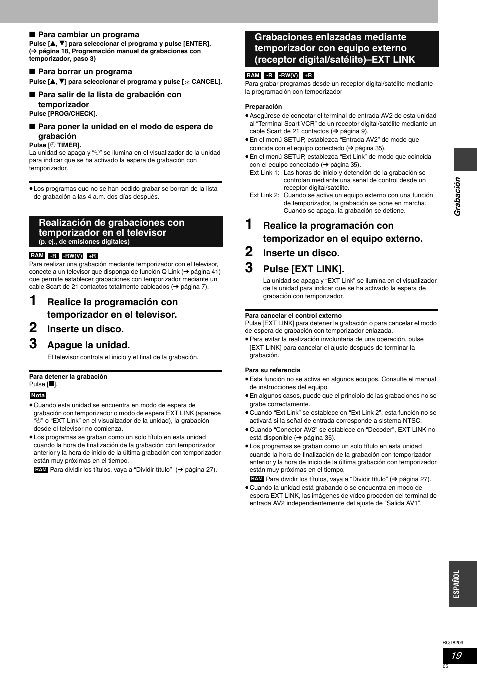 Inserte un disco, Apague la unidad, Pulse [ext link | Panasonic DMRES20 User Manual | Page 65 / 156