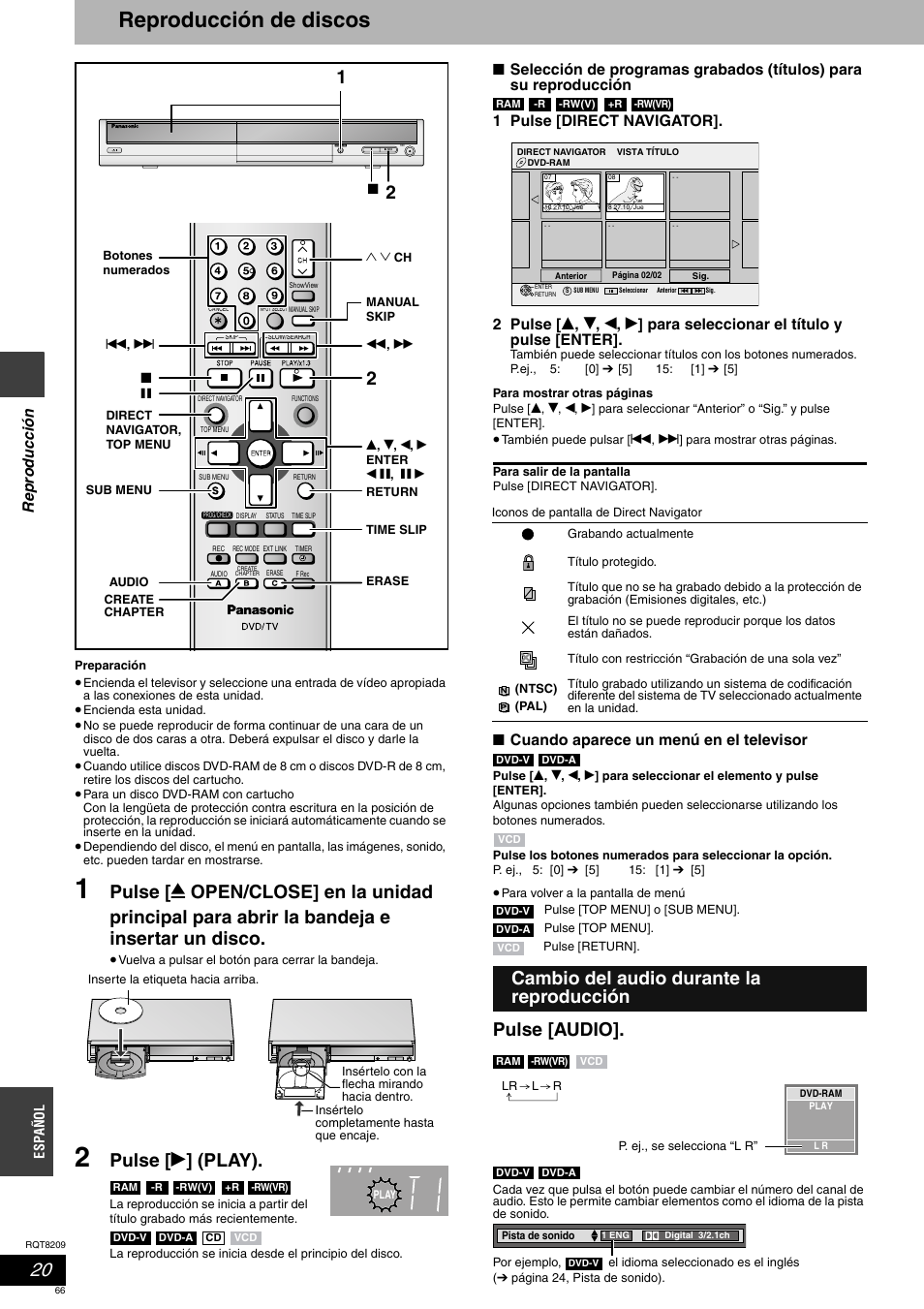 Reproducción de discos, Pulse [ q ] (play), Pulse [audio | Cambio del audio durante la reproducción, Rep roduc ción, Cuando aparece un menú en el televisor | Panasonic DMRES20 User Manual | Page 66 / 156