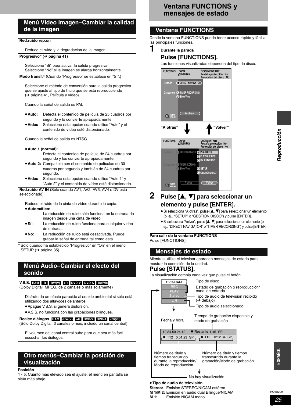 Ventana functions y mensajes de estado, Pulse [functions, Pulse [status | Menú vídeo imagen–cambiar la calidad de la imagen, Menú audio–cambiar el efecto del sonido, Otro menús–cambiar la posición de visualización, Ventana functions mensajes de estado | Panasonic DMRES20 User Manual | Page 71 / 156