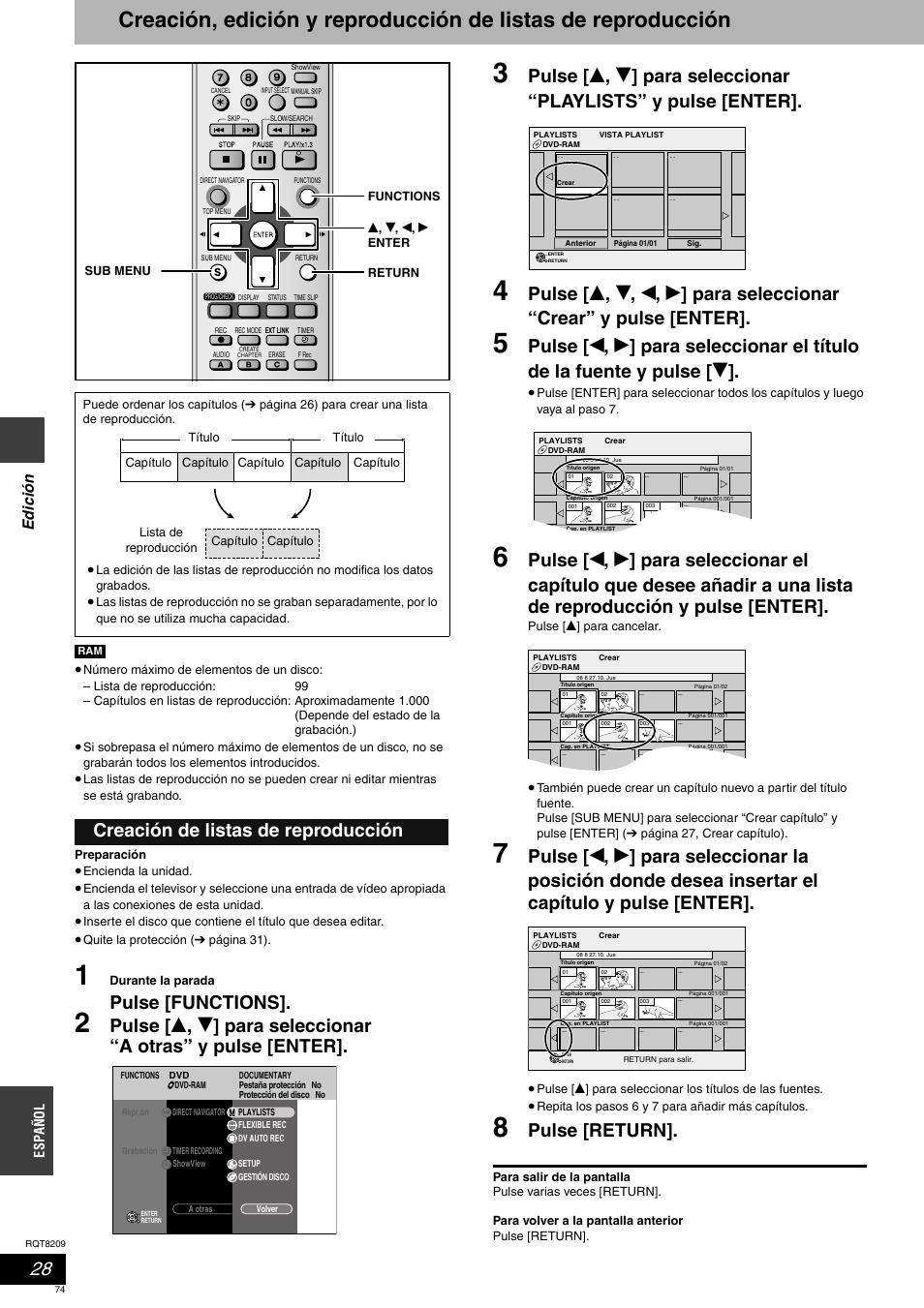 Pulse [functions, Pulse [return, Creación de listas de reproducción | Edic ión, Espa ñol | Panasonic DMRES20 User Manual | Page 74 / 156