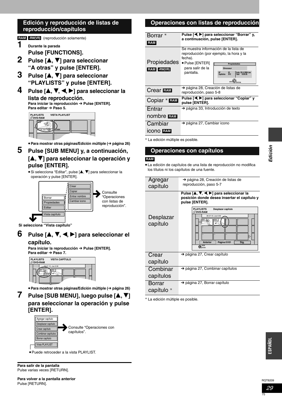 Pulse [functions, Operaciones con listas de reproducción borrar, Propiedades | Crear, Copiar, Entrar nombre, Cambiar icono, Crear capítulo, Combinar capítulos, Borrar capítulo | Panasonic DMRES20 User Manual | Page 75 / 156