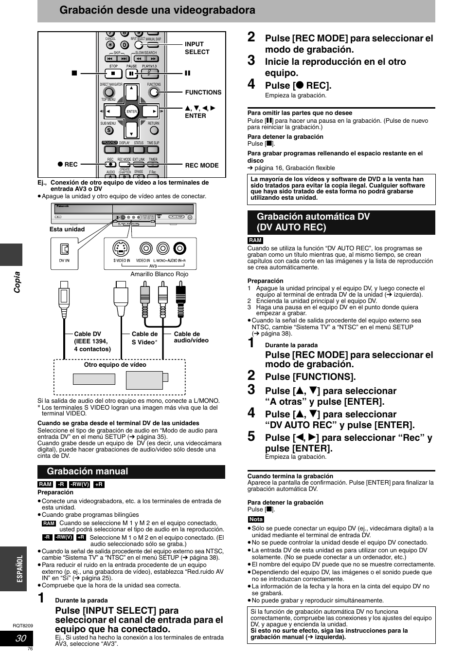 Grabación desde una videograbadora, Inicie la reproducción en el otro equipo, Pulse [ * rec | Pulse [functions, Grabación manual, Grabación automática dv (dv auto rec) | Panasonic DMRES20 User Manual | Page 76 / 156