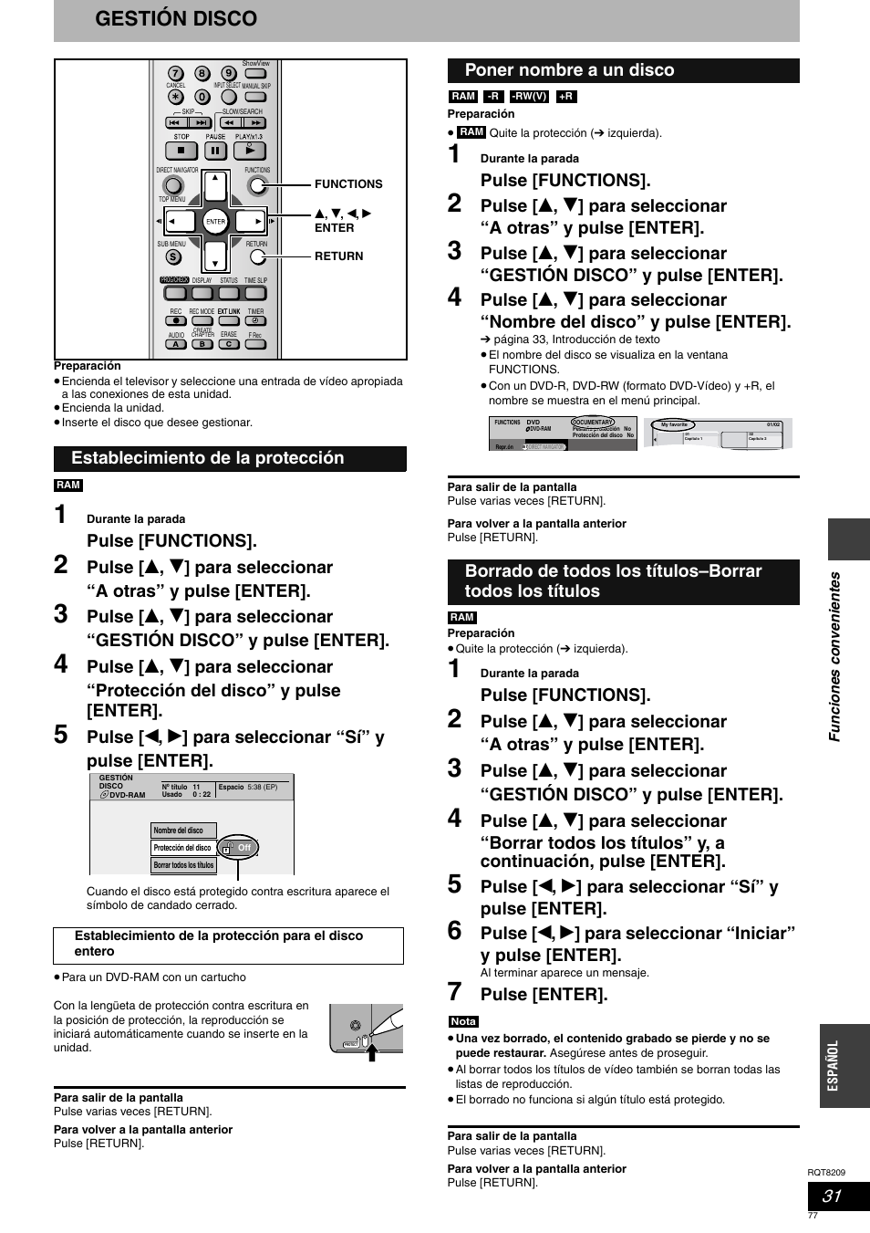 Gestión disco, Pulse [functions, Pulse [enter | Establecimiento de la protección | Panasonic DMRES20 User Manual | Page 77 / 156