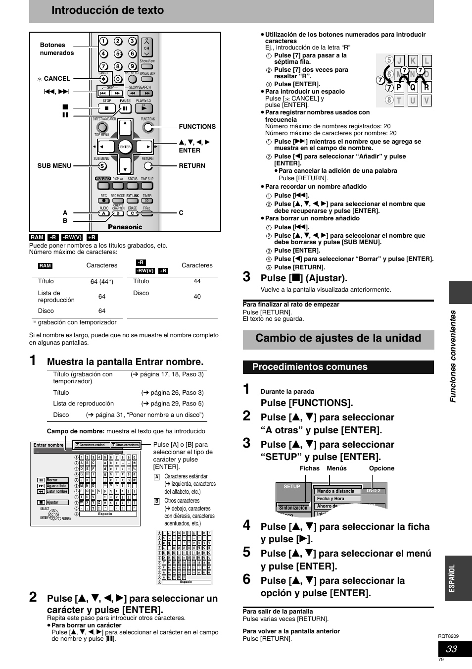 Introducción de texto, Cambio de ajustes de la unidad, Muestra la pantalla entrar nombre | Pulse [ g ] (ajustar), Pulse [functions, Procedimientos comunes, Funcion es co nve n ient es, Espa ñol | Panasonic DMRES20 User Manual | Page 79 / 156