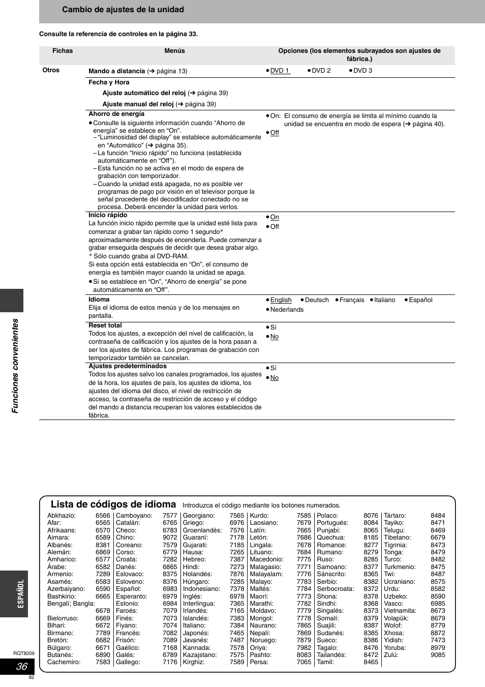 Lista de códigos de idioma | Panasonic DMRES20 User Manual | Page 82 / 156