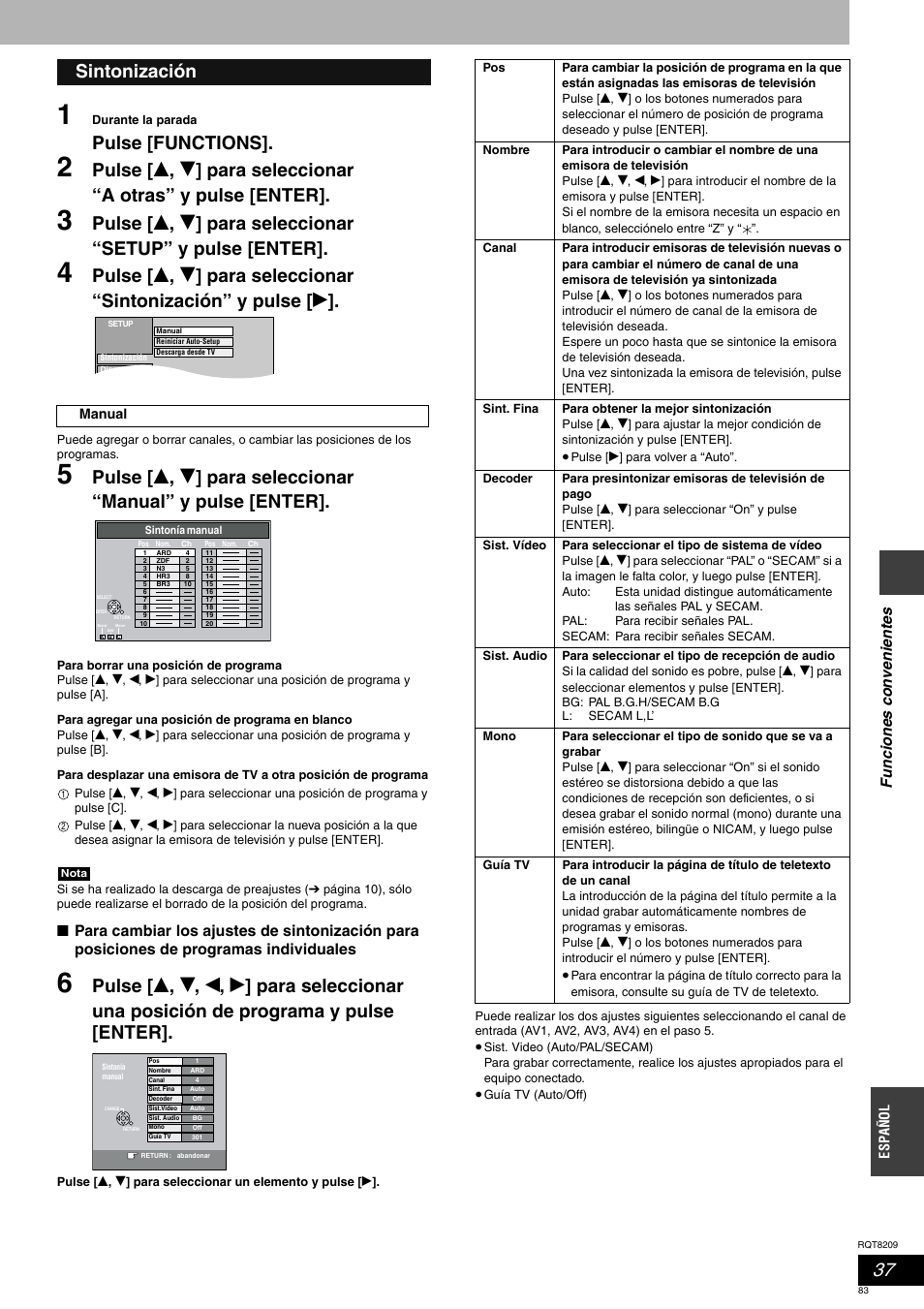 Pulse [functions, Sintonización, Funcion es co nve n ient es | Panasonic DMRES20 User Manual | Page 83 / 156