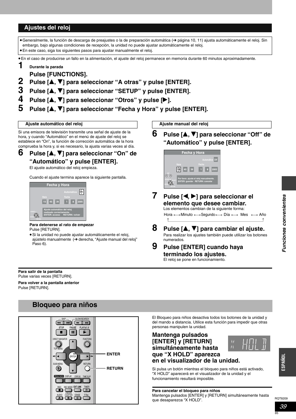 Bloqueo para niños, Pulse [functions, Pulse [ e , r ] para cambiar el ajuste | Pulse [enter] cuando haya terminado los ajustes, Ajustes del reloj | Panasonic DMRES20 User Manual | Page 85 / 156