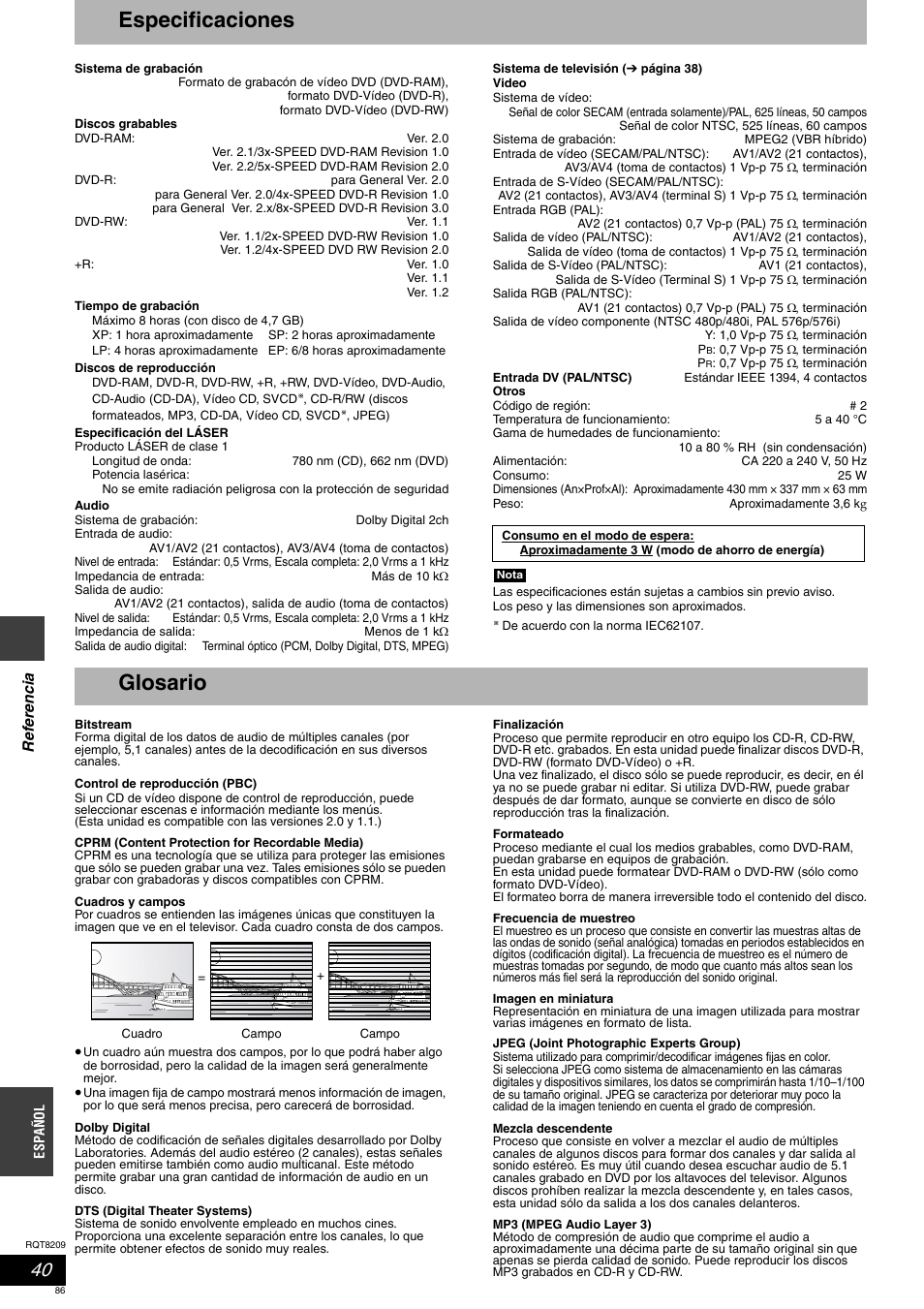 Especificaciones, Glosario | Panasonic DMRES20 User Manual | Page 86 / 156