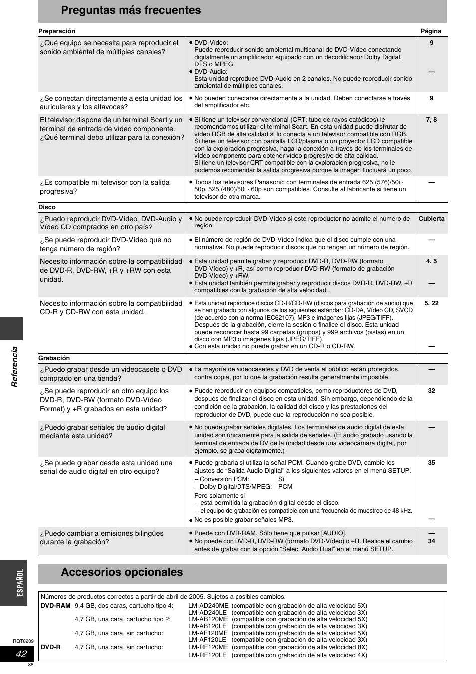 Preguntas más frecuentes, Accesorios opcionales | Panasonic DMRES20 User Manual | Page 88 / 156