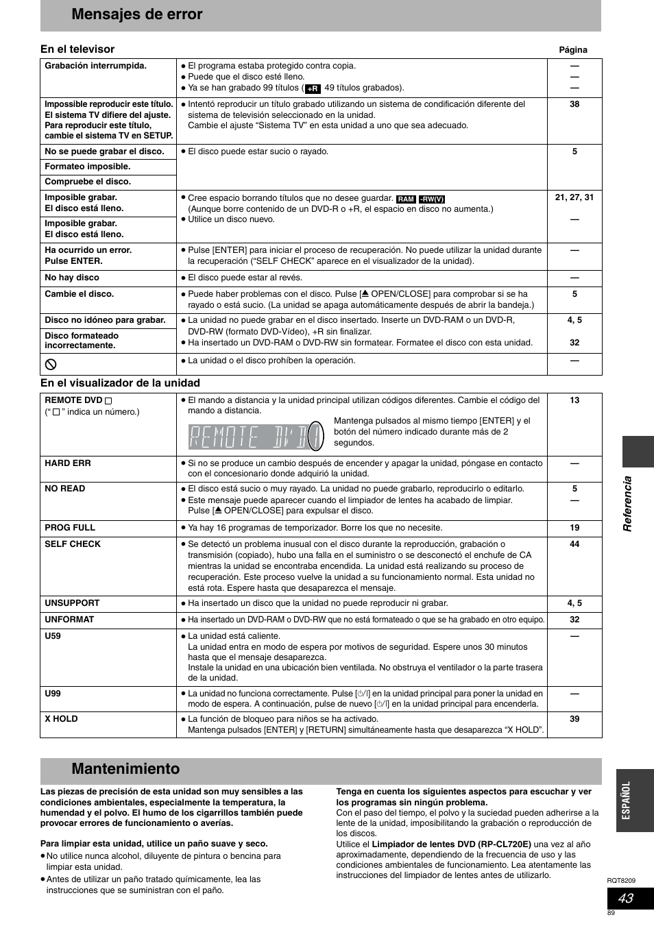 Mensajes de error, Mantenimiento | Panasonic DMRES20 User Manual | Page 89 / 156