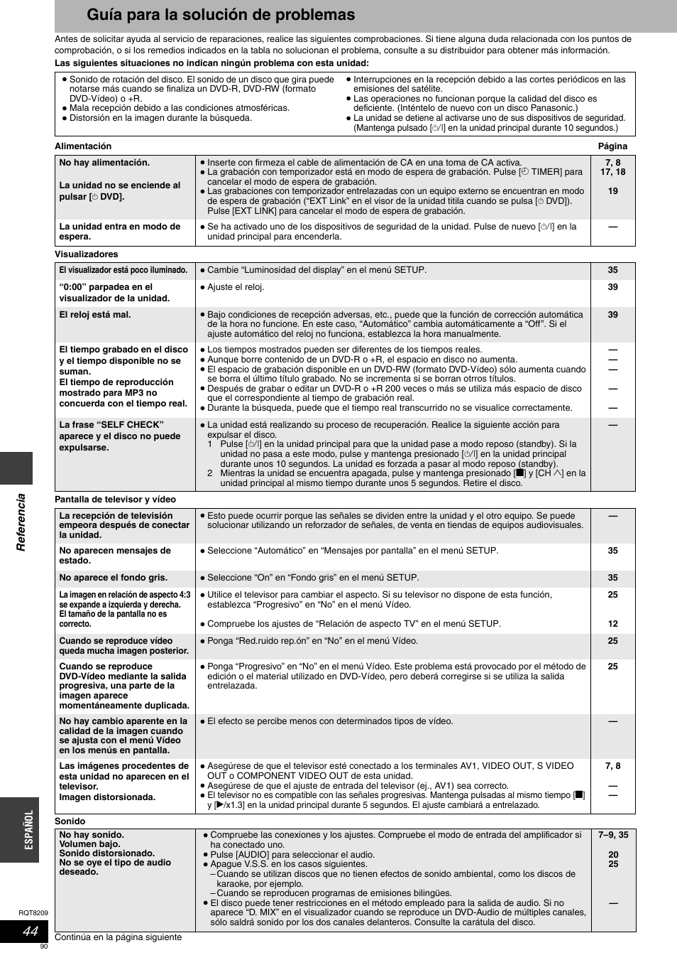 Guía para la solución de problemas | Panasonic DMRES20 User Manual | Page 90 / 156