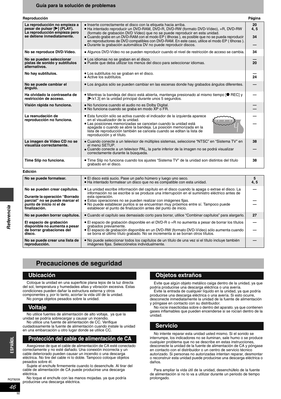 Precauciones de seguridad | Panasonic DMRES20 User Manual | Page 92 / 156