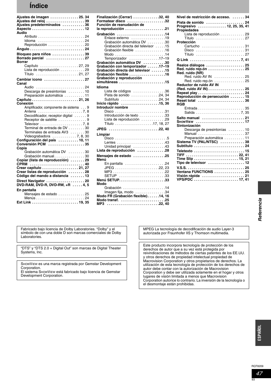 Índice | Panasonic DMRES20 User Manual | Page 93 / 156